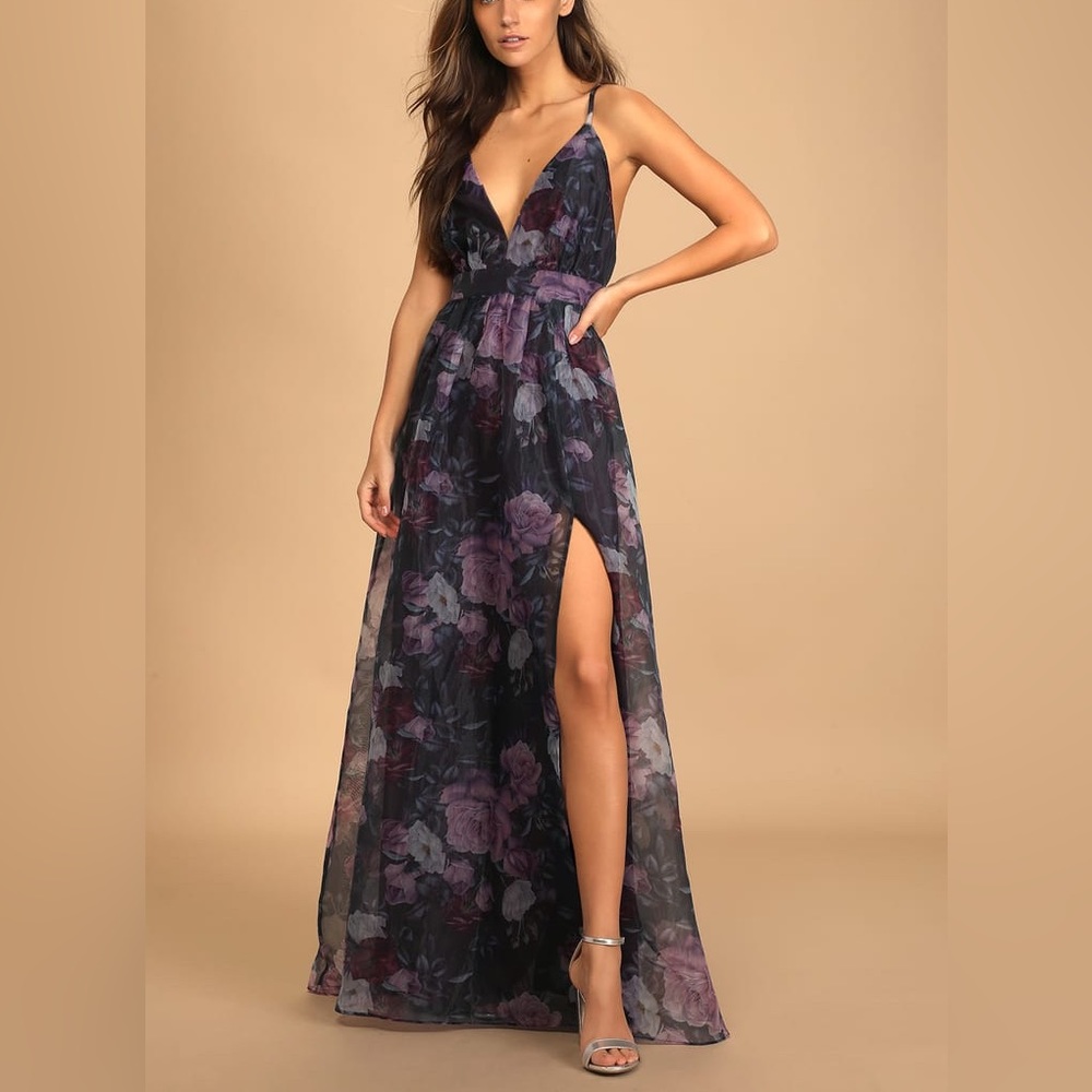 Lulus Headed For Romance Black Floral Print Organza Maxi Dress Sz XLarge New M69
